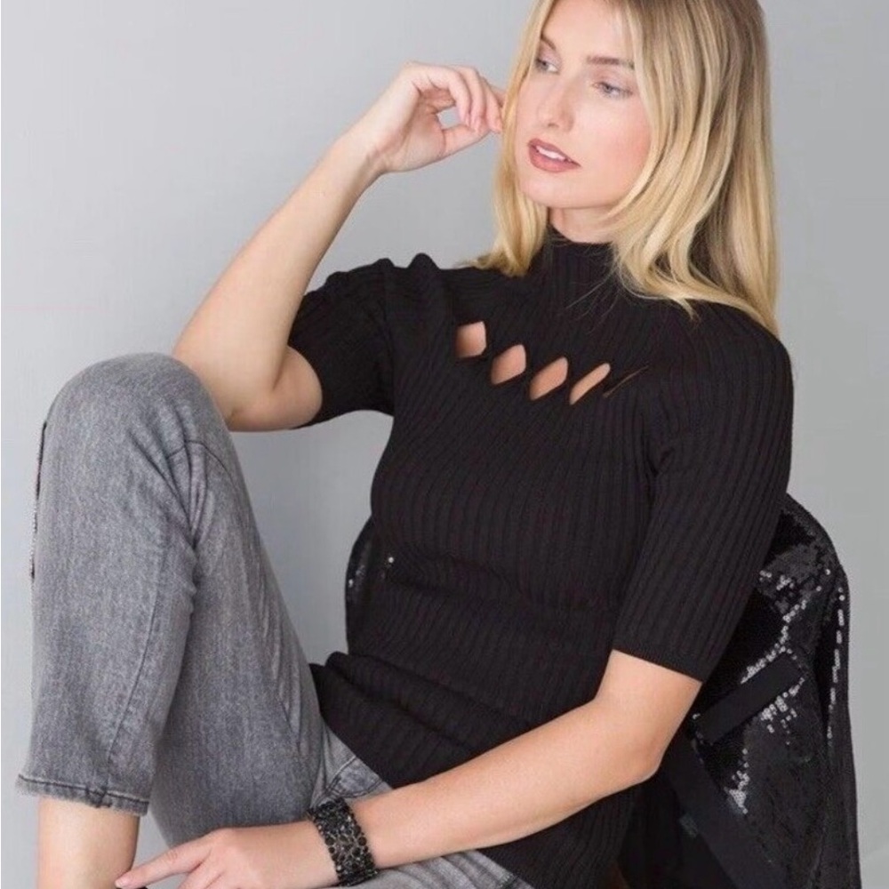 White House Black Market Black Crew Neck Top with Diamond Cutouts